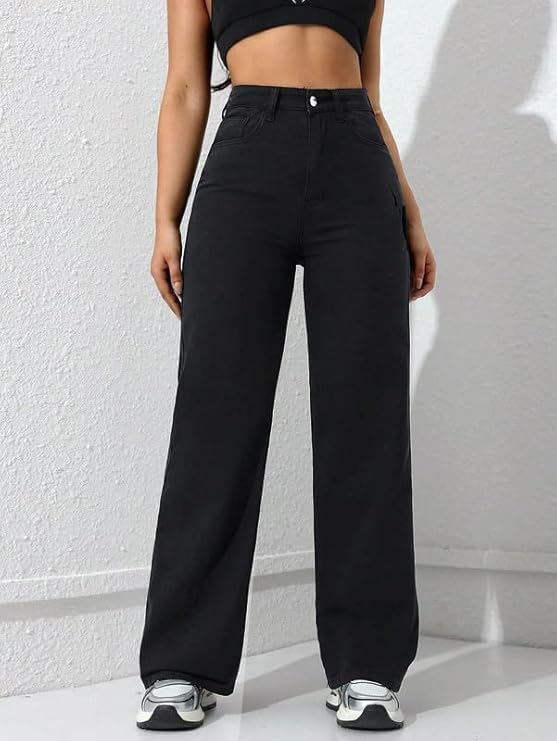 The Souled Store Solids: Women's & Girl's Buttoned Cotton Straight Fit High Rise Jeans