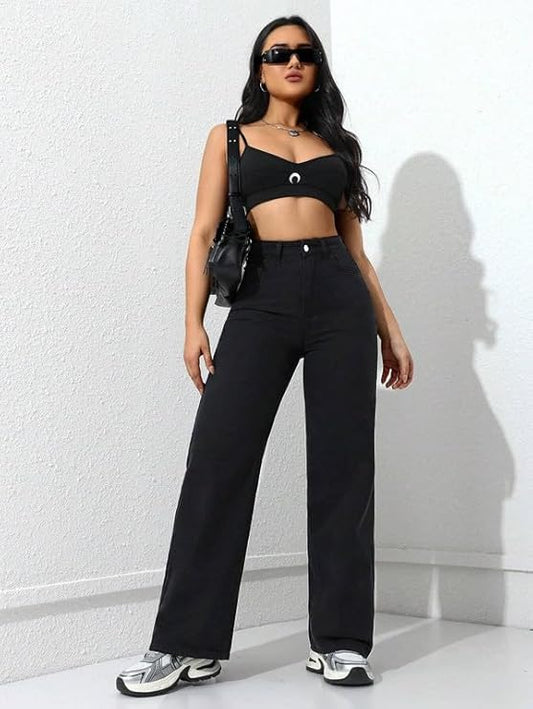 The Souled Store Solids: Women's & Girl's Buttoned Cotton Straight Fit High Rise Jeans