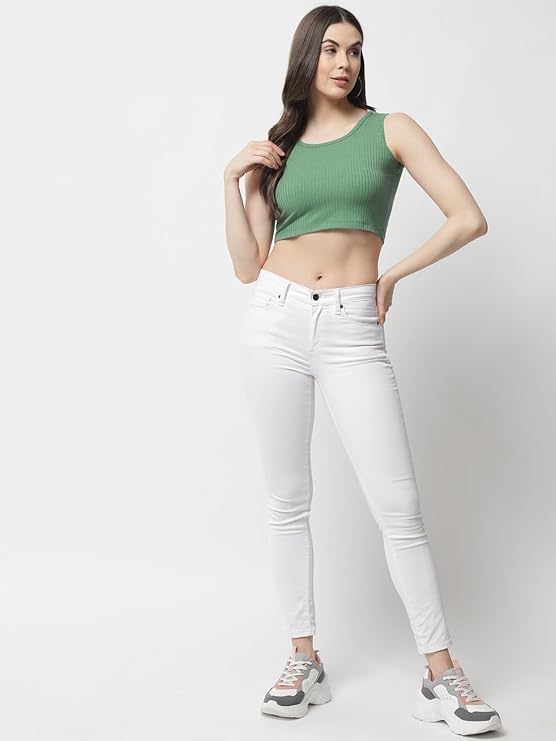 POPWINGS Casual Pastel Green Solid Sleeveless Ribbed Crop Top for Women.