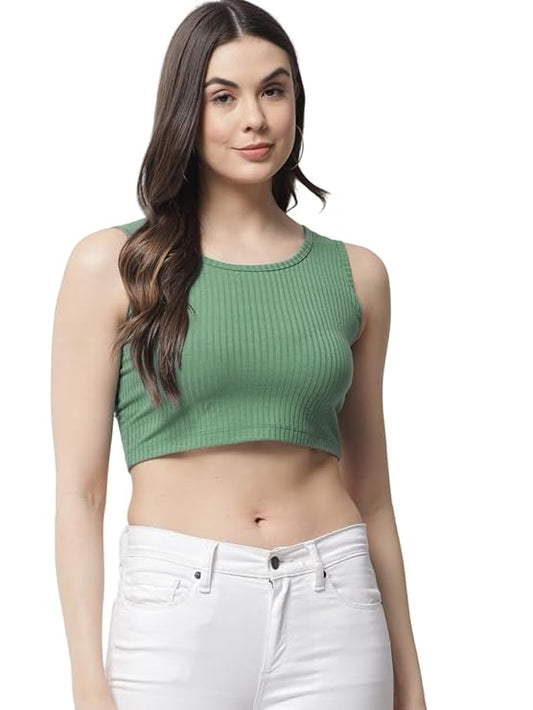POPWINGS Casual Pastel Green Solid Sleeveless Ribbed Crop Top for Women.