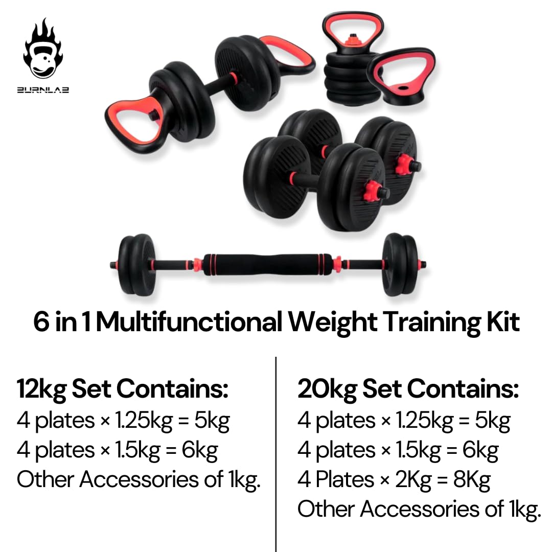 Burnlab 6 in 1 multifunctional weight training kit - Dumbbells, Kettlebells, Barbells & Push up brackets in 1.