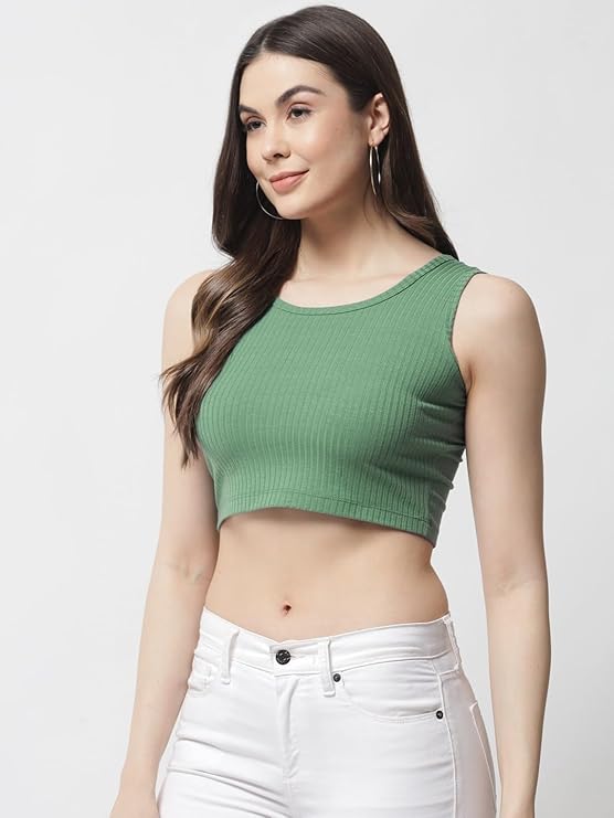POPWINGS Casual Pastel Green Solid Sleeveless Ribbed Crop Top for Women.