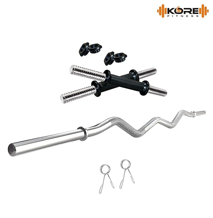 Kore PVC 16 Kg Home Gym Set With One 3 Ft Curl And One Pair Dumbbell Rods With Gym Accessories, Black.