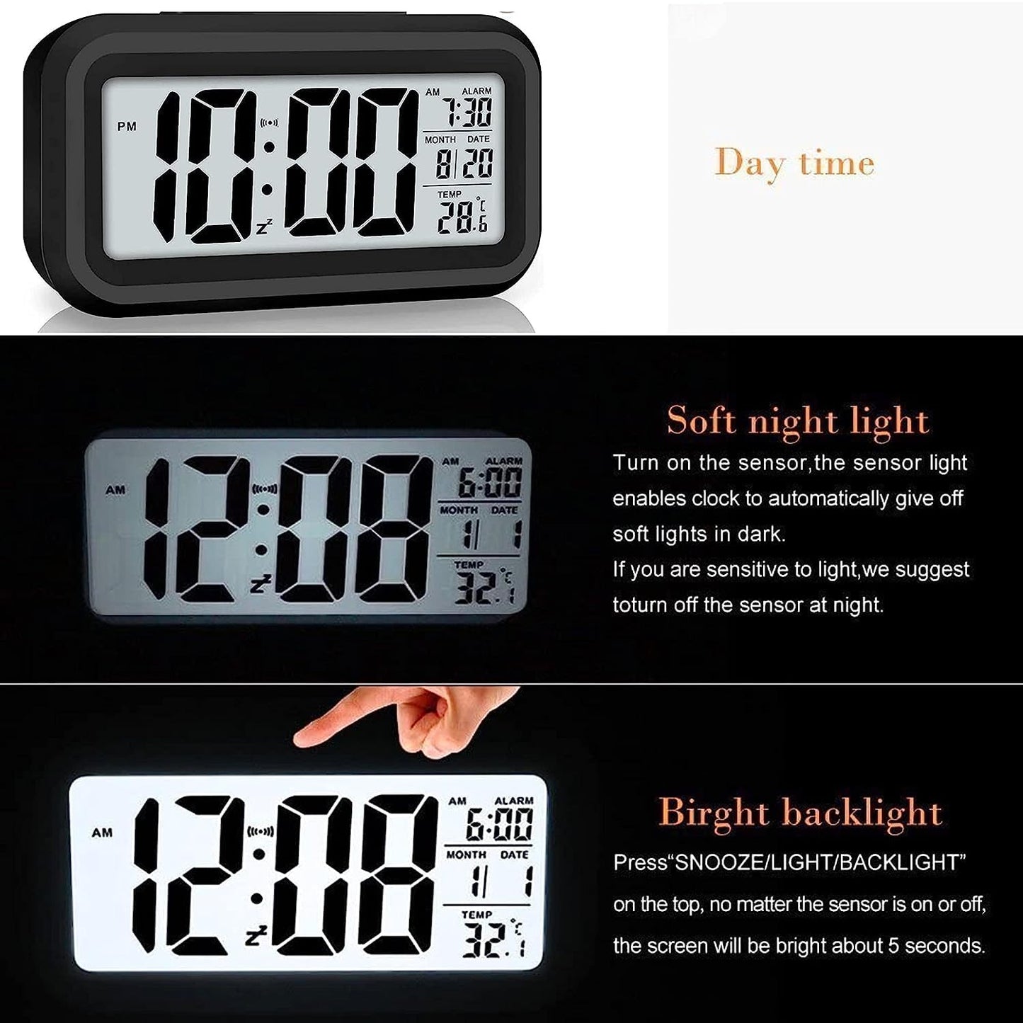 AERYS Digital Alarm Clock with Automatic Sensor, Date and Temperature Display.