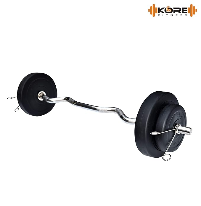 Kore PVC 16 Kg Home Gym Set With One 3 Ft Curl And One Pair Dumbbell Rods With Gym Accessories, Black.