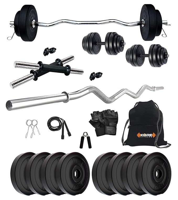 Kore PVC 16 Kg Home Gym Set With One 3 Ft Curl And One Pair Dumbbell Rods With Gym Accessories, Black.