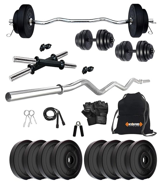 Kore PVC 16 Kg Home Gym Set With One 3 Ft Curl And One Pair Dumbbell Rods With Gym Accessories, Black.
