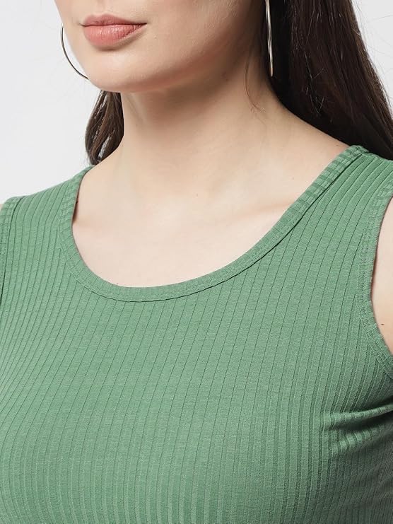 POPWINGS Casual Pastel Green Solid Sleeveless Ribbed Crop Top for Women.